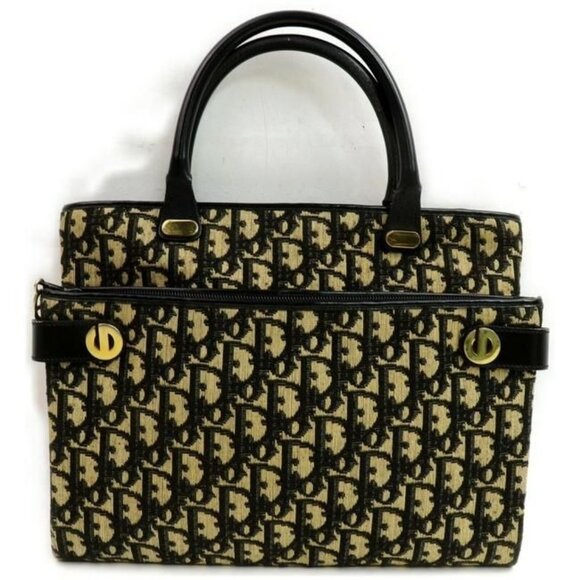 Dior Handle Satchel Black Navy Trotter Print Leather And Canvas Tote - Picture 1 of 8